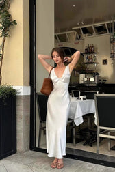 Lace Cutout White Halter V-Neck Mermaid Silk Dress 3