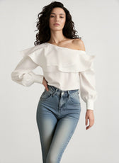 Vintage Off-Shoulder Ruffled White Blouse