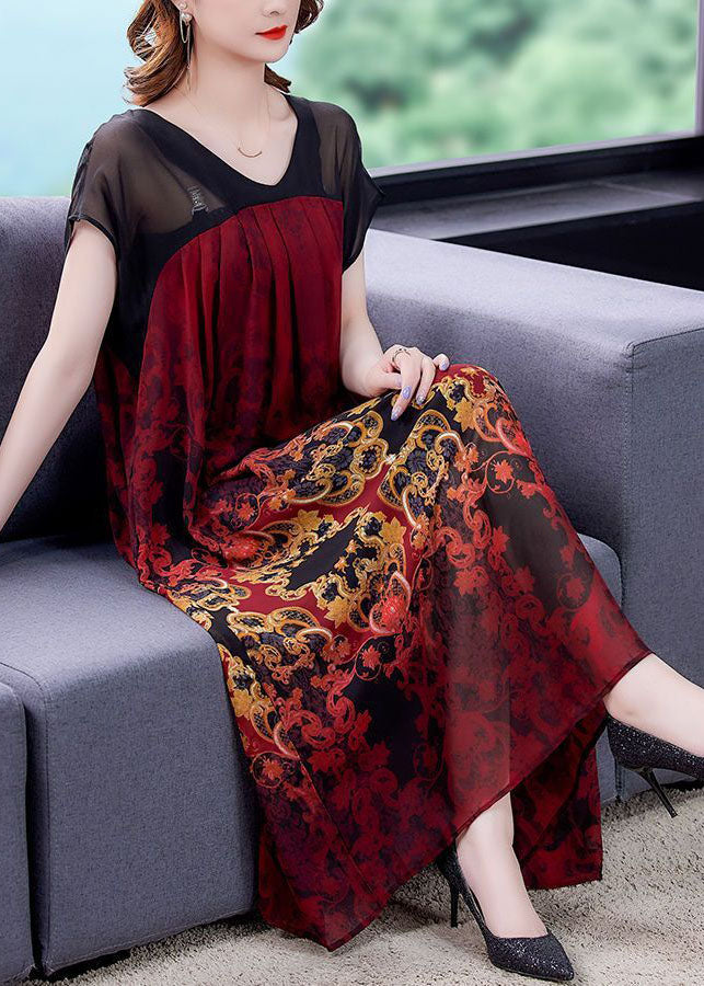 Baroque Damask Print V-Neck Sheer Short Sleeve Patchwork Chiffon Midi Dress