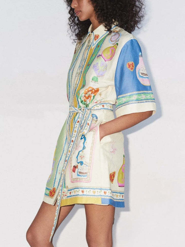 Painterly Print Collared Short Sleeve Belted Button Front Mini Shirt Dress 3