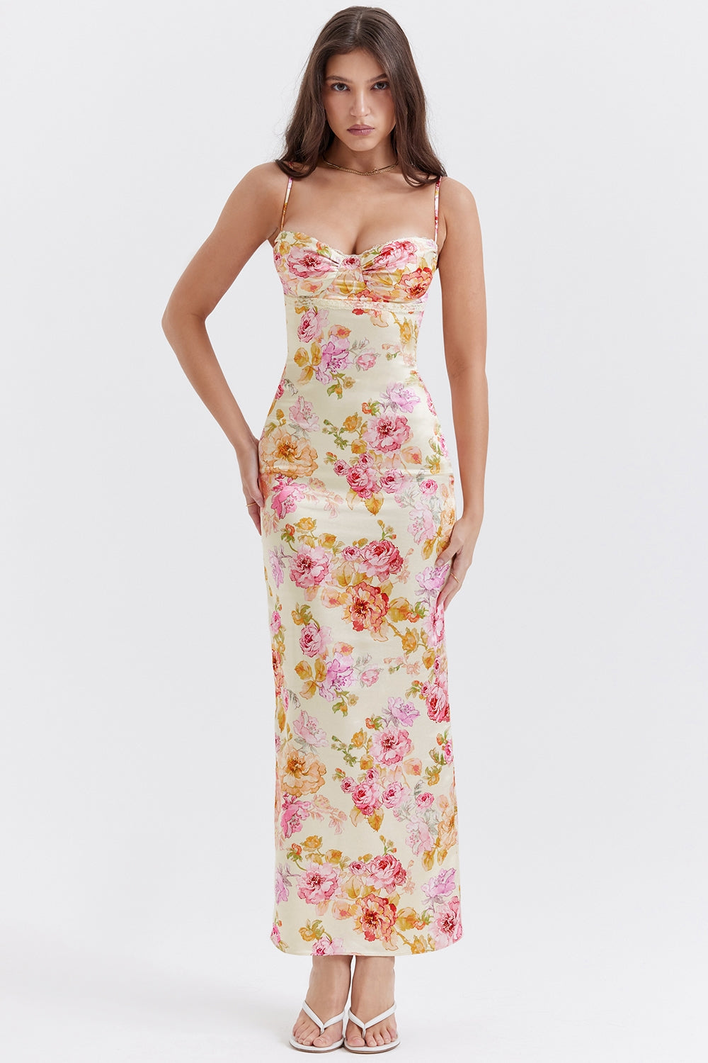 Floral Satin Sweetheart Ruched Bust Spaghetti Strap Maxi Dress 4