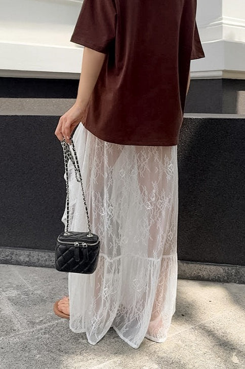 Elastic High Waist Sheer Lace Ruffle Trim High Split Maxi Skirt 4