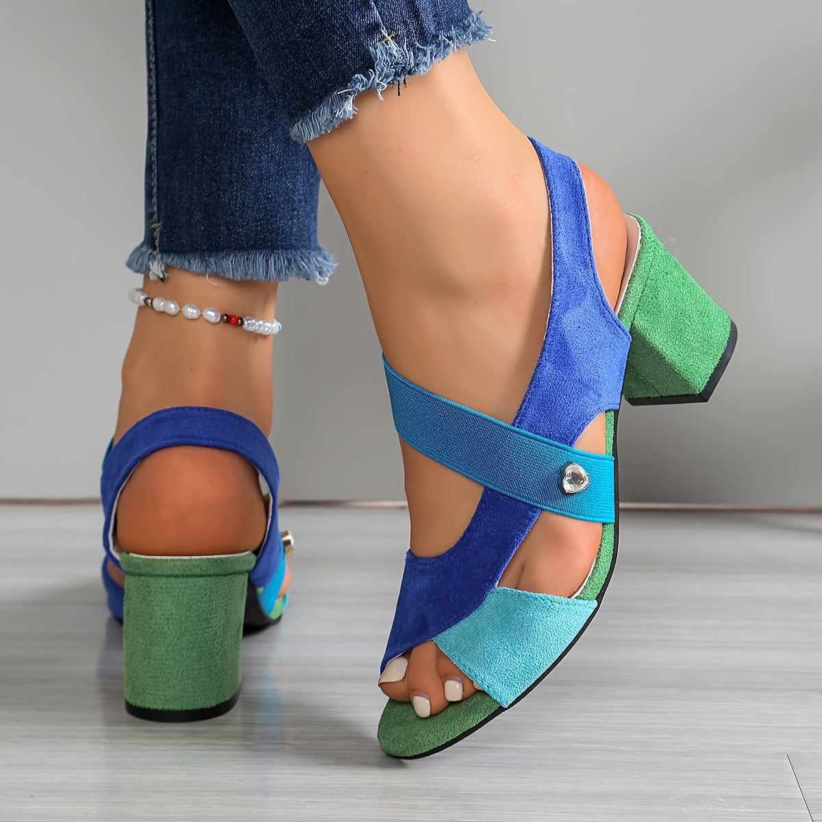 Open Toe Slingback Color Block Block Heel Sandals