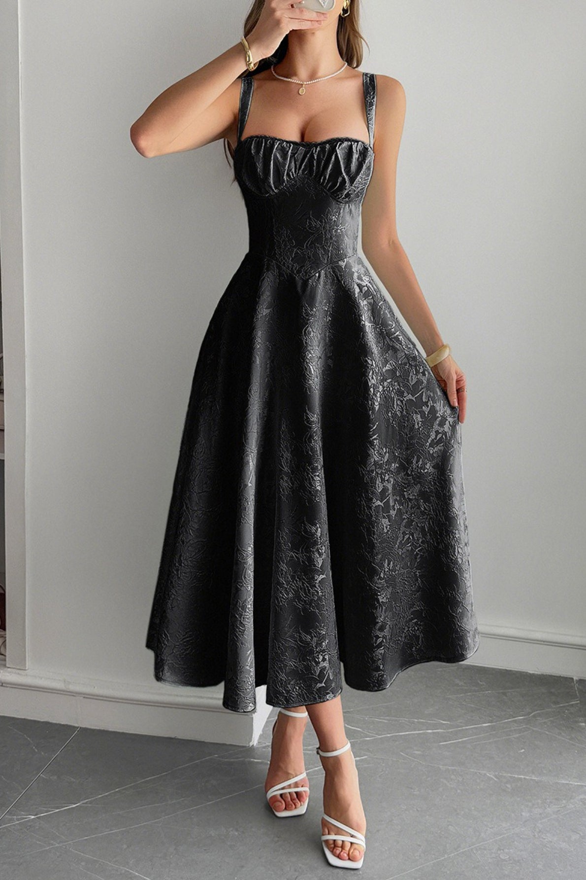 Elegant Spaghetti Strap Jacquard Maxi Formal Dress