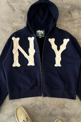 Embroidered Floral Print Zip Hoodie