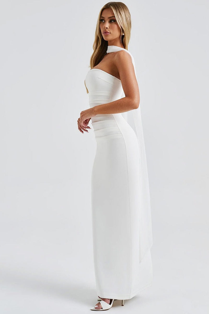 Strapless Choker Neck Ruched Sheer Glove Bodycon Maxi Dress