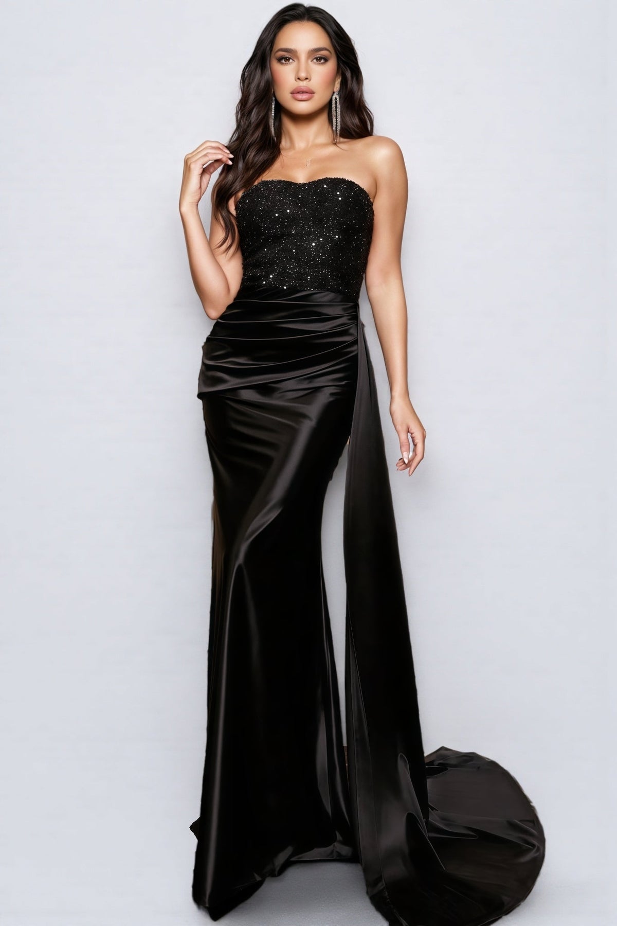 Strapless Sequin Bodice Ruched Satin Maxi Gown with Side Train 3