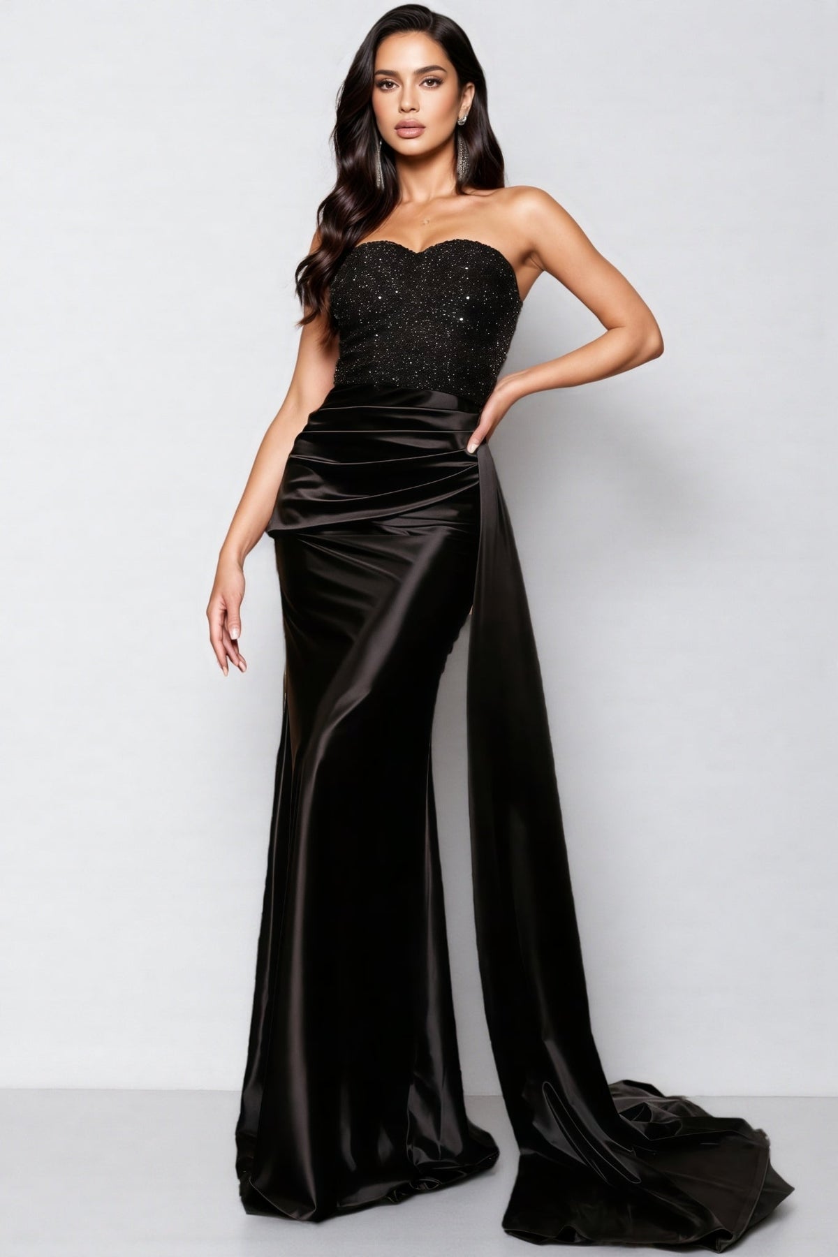 Strapless Sequin Bodice Ruched Satin Maxi Gown with Side Train