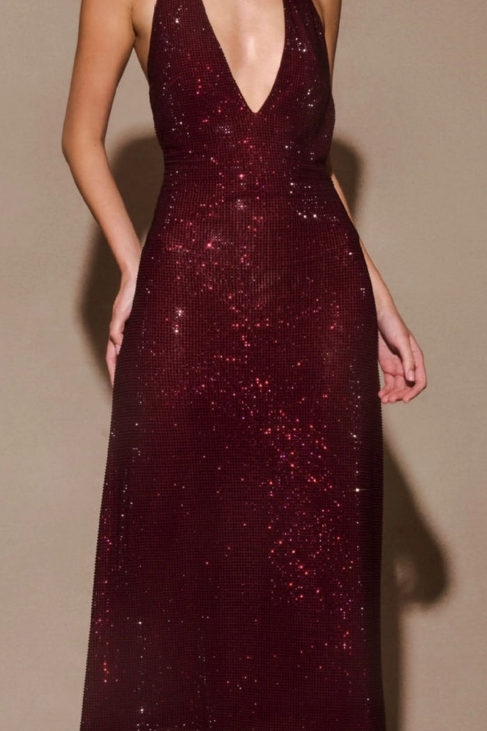 Halter Neck Deep V-Neck Backless Rhinestone Bias Cut Maxi Prom Dress