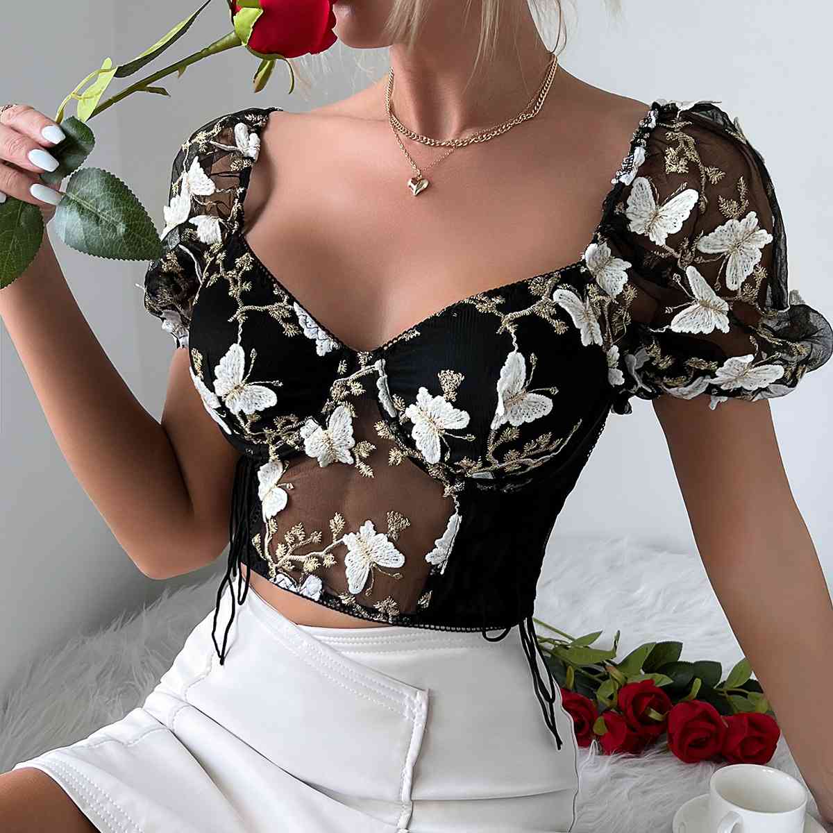 Butterfly Whispers Embroidery Charming Mesh Corset Top