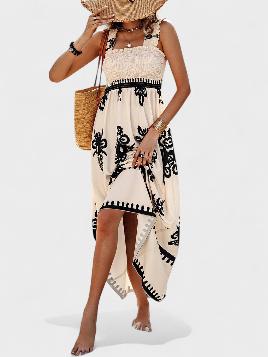 Floral Print Smocked Square Neck Sleeveless High Split Maxi Dress