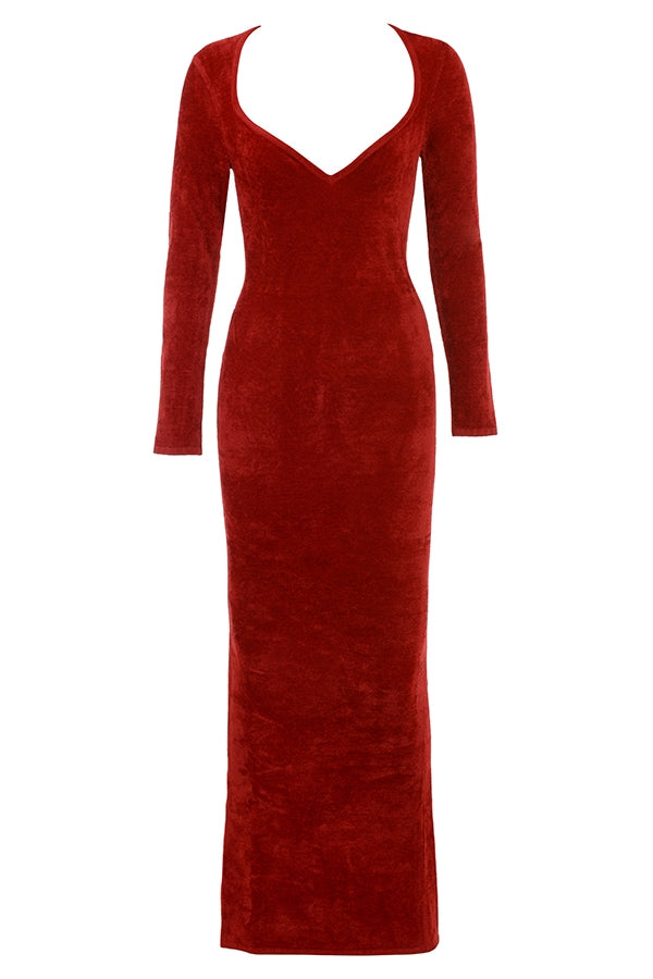 Velvet Sweetheart Neck Long Sleeve Bodycon Maxi Dress 10