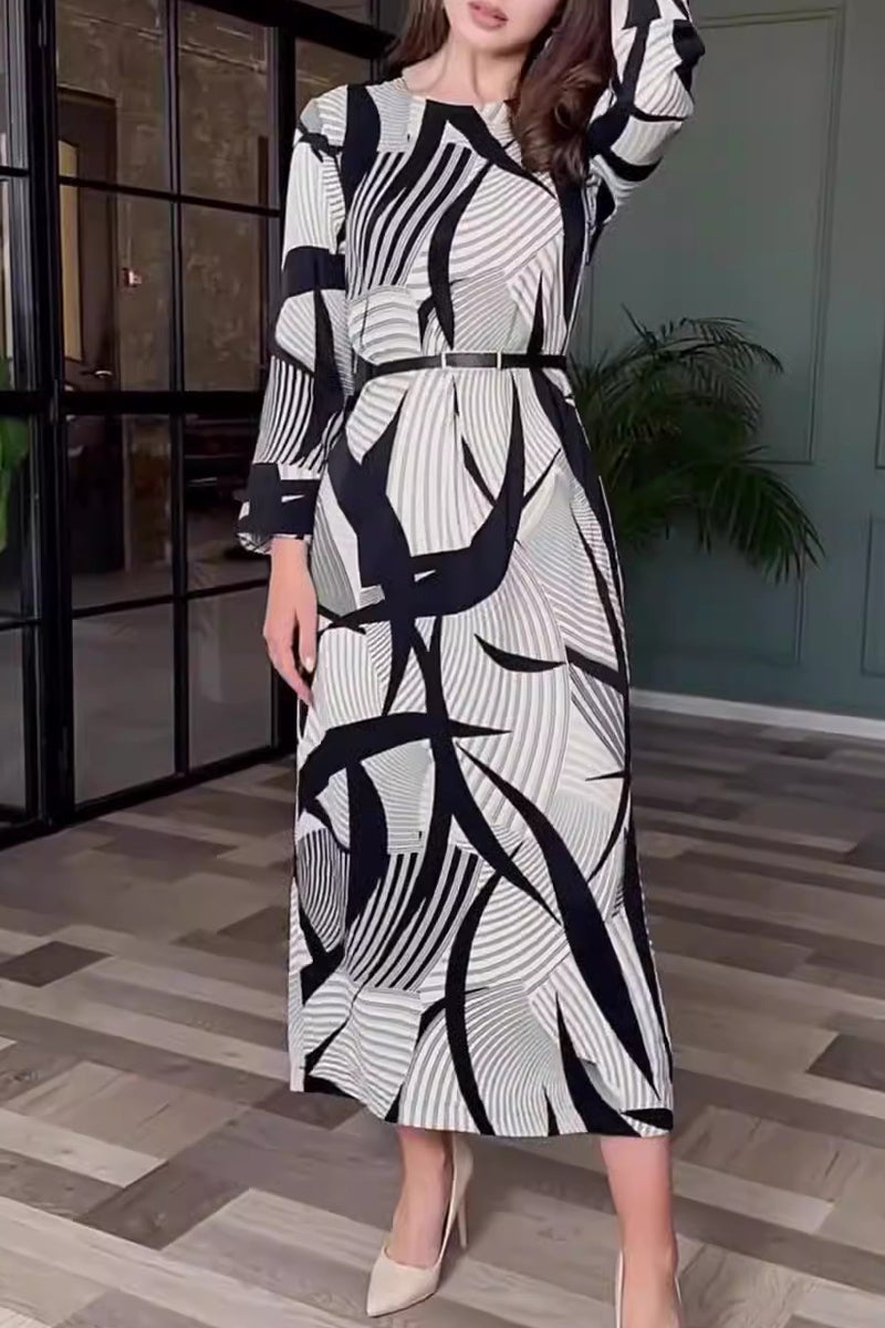Rhiannon Chic Stripe Print with Belt Zipper, O Neck, a Line Dresses Designer Edit
