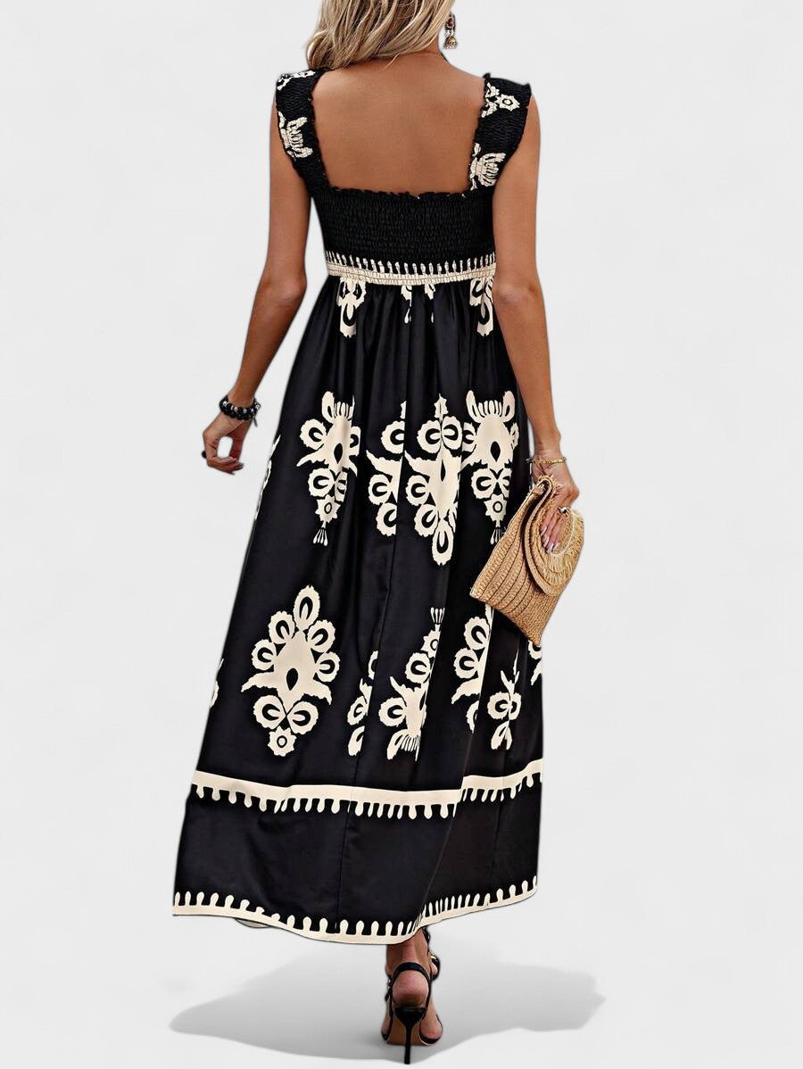 Floral Print Smocked Square Neck Sleeveless High Split Maxi Dress