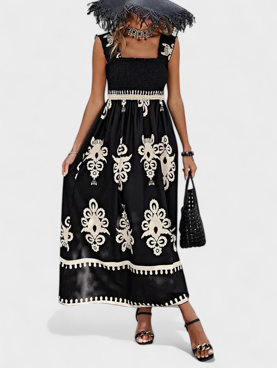 Floral Print Smocked Square Neck Sleeveless High Split Maxi Dress