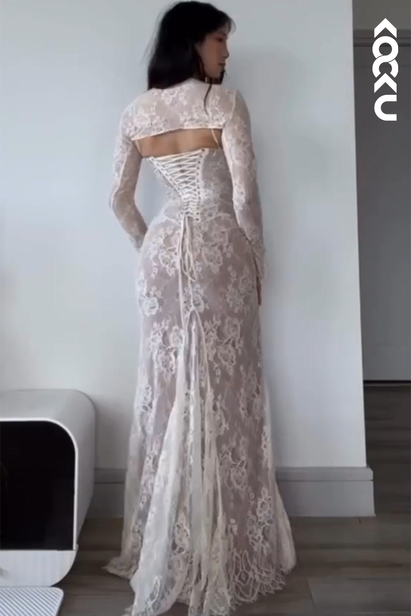 L2612 - Gorgeous & Charming Spaghetti Straps Sheath Lace-up Fully Lace Applique Prom Dress