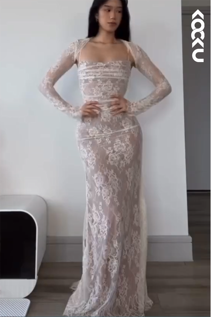 L2612 - Gorgeous & Charming Spaghetti Straps Sheath Lace-up Fully Lace Applique Prom Dress