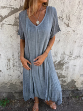 Linen V-Neck Short Sleeve Loose Midi Dress 8