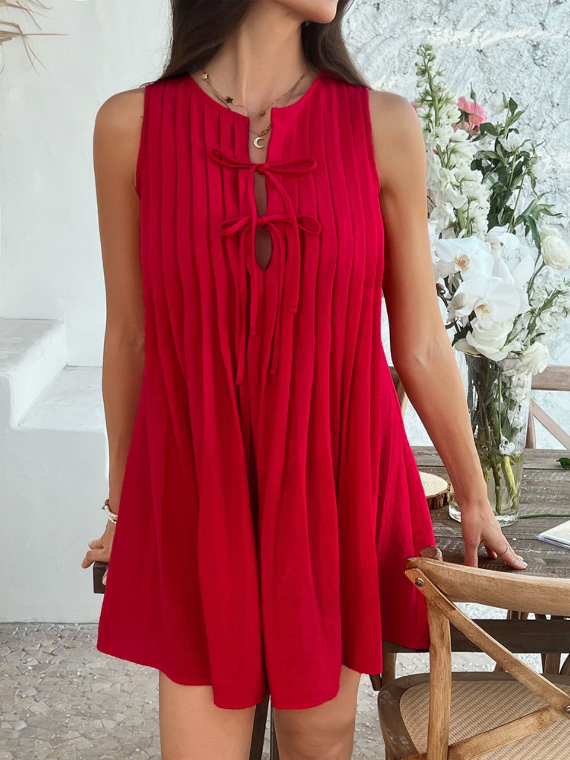 Pintuck Pleated Tie Front Keyhole Sleeveless Shift Mini Dress 16