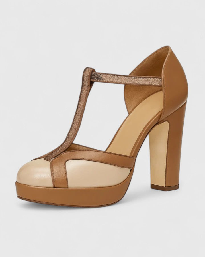 Round Toe T-Strap Platform Block Heel Pumps