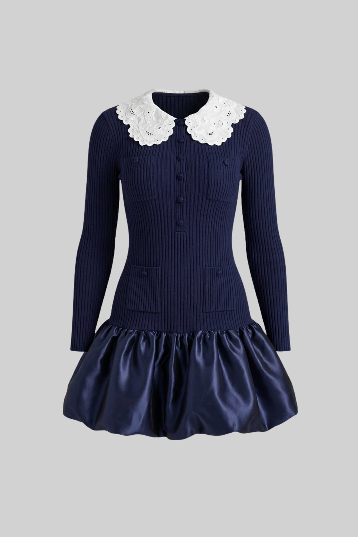Lace Collar Long Sleeve Ribbed Knit Bubble Hem Mini Dress 2