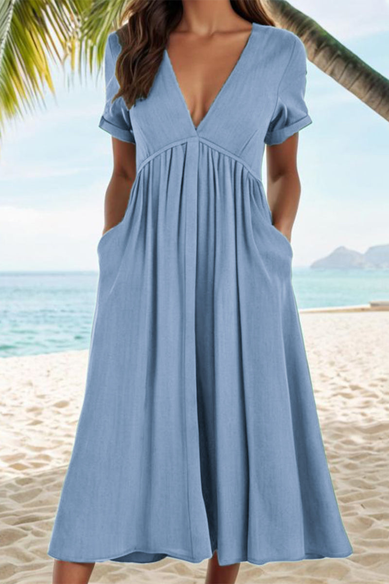 Vilma Chic Casual Solid a Line Dresses with Pocket Pleat and V Neck Boutique Collection