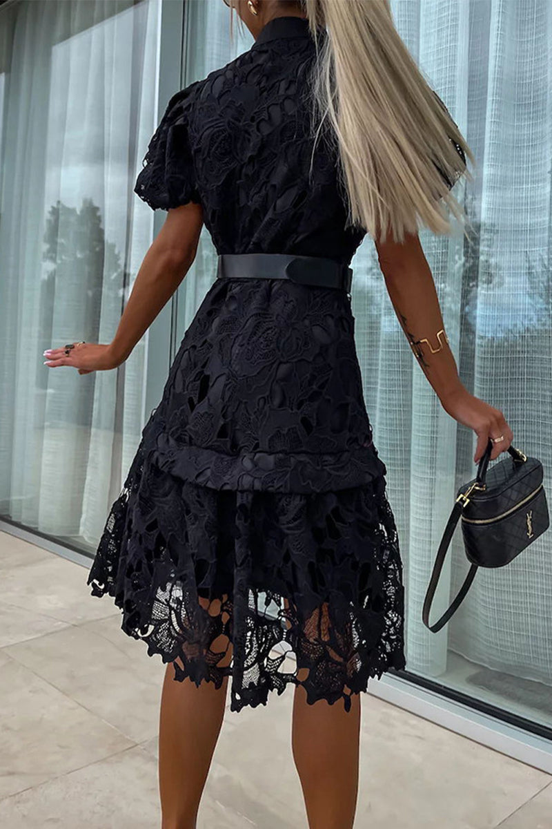 Valeria Effortless Solid Hollow Out Buttons with Belt, Turn Down Collar, a Line Dresses Designer Edit