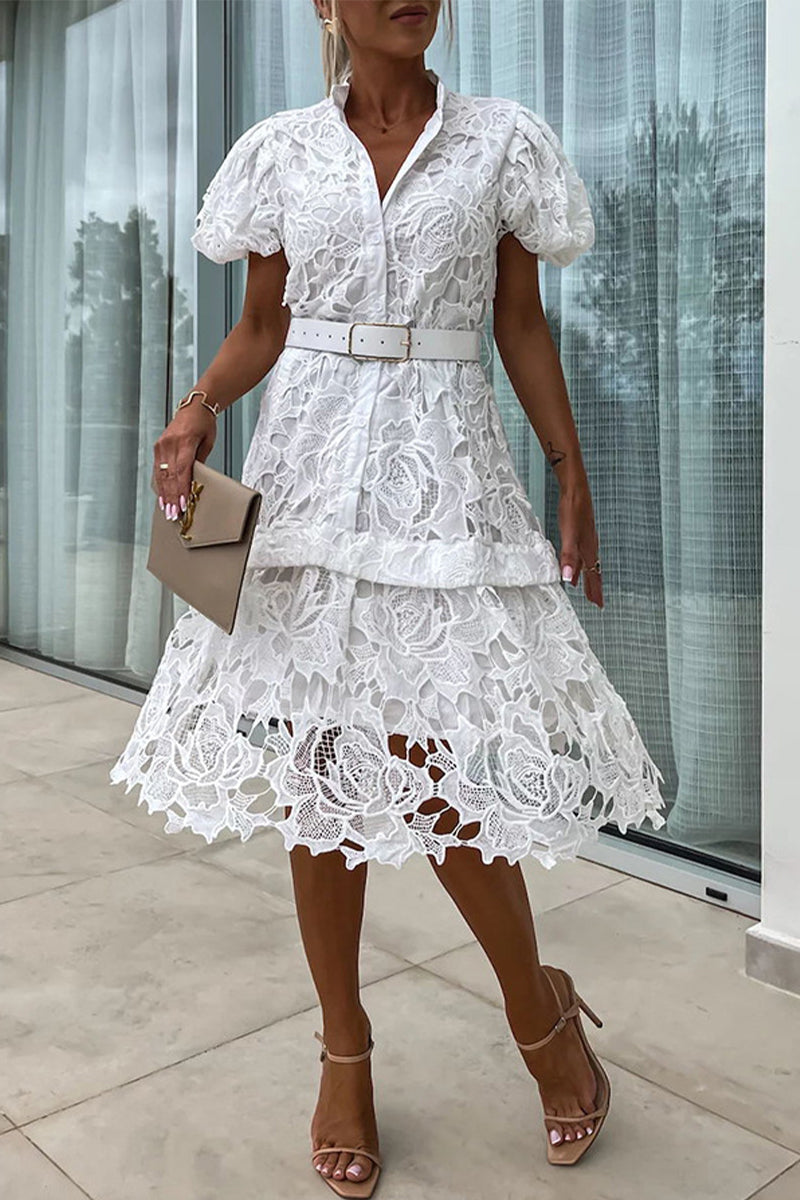 Valeria Effortless Solid Hollow Out Buttons with Belt, Turn Down Collar, a Line Dresses Designer Edit