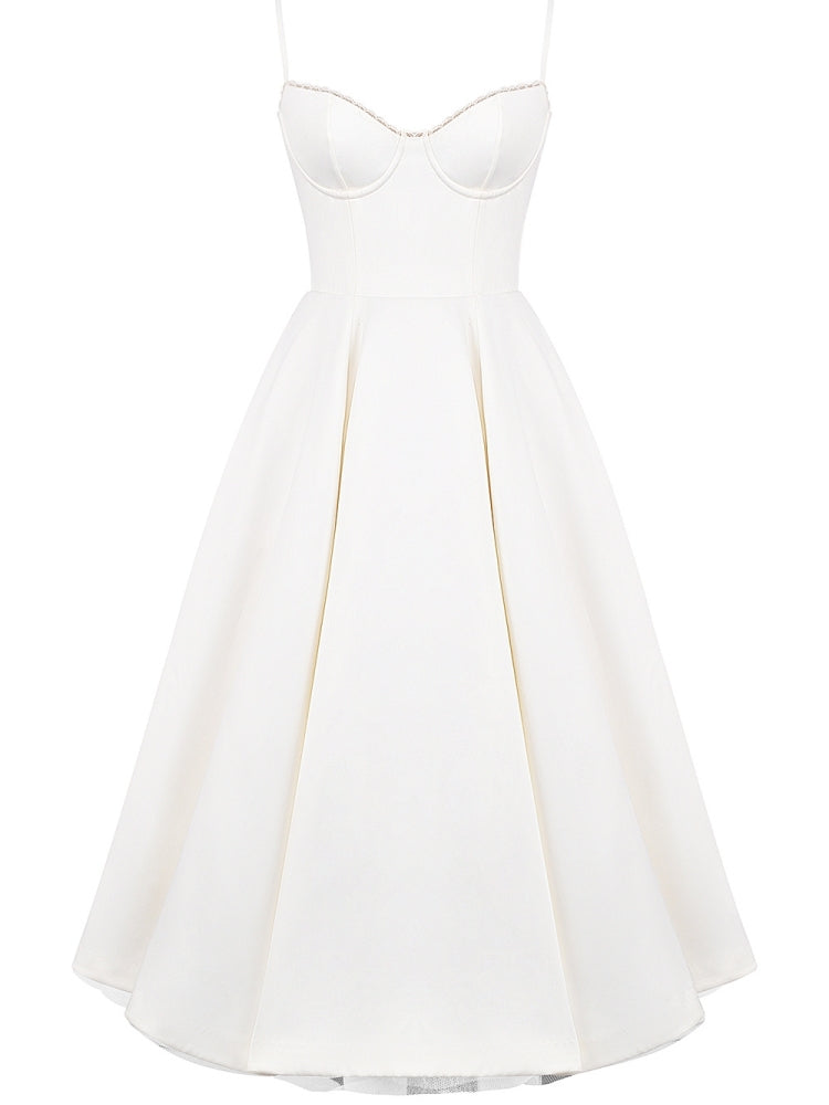 Satin Corset Bustier Spaghetti Strap Fit and Flare Tulle Hem Midi Dress 7