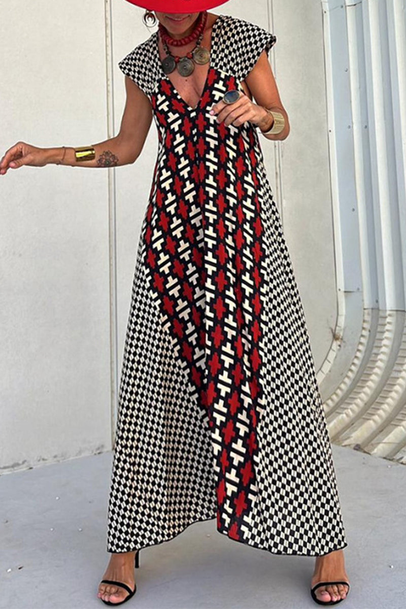Natividad Timeless Casual Vintage Geometric Print Wavy Backless Asymmetrical V Neck Printed Dresses Boutique Dress Collection