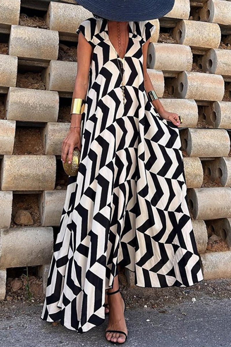 Natividad Timeless Casual Vintage Geometric Print Wavy Backless Asymmetrical V Neck Printed Dresses Boutique Dress Collection