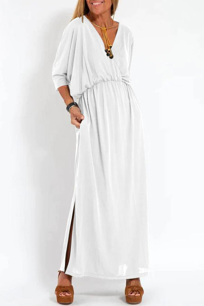 Nelly Exclusive Casual, , Solid Color, One Tier Skirt Dresses with Pocket Slit and V Neck Elevated Occasion Wear