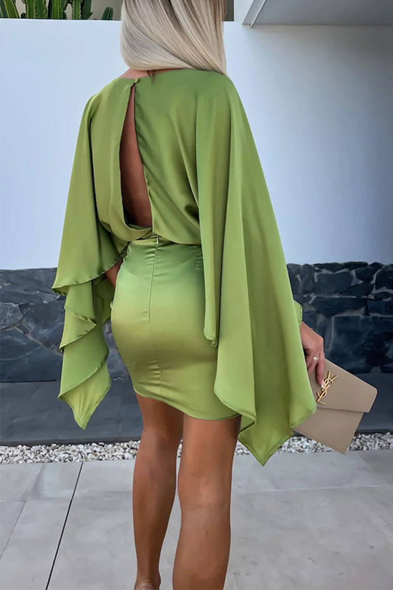 Milagros Chic Solid Patchwork Dresses with Wrap Skirt and O Neck Silhouette Collection