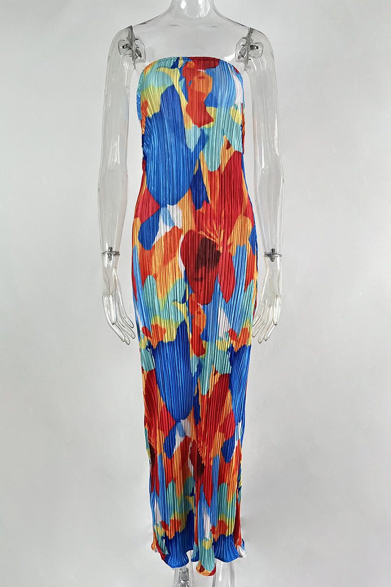 Maricarmen Minimalist Printed Patchwork Pleated Strapless Pencil Skirt Dresses Chic Silhouette Collection