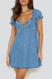 Denim Puff Sleeve Sweetheart Tie Front A-Line Mini Dress 4