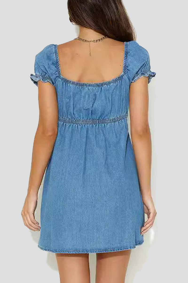 Denim Puff Sleeve Sweetheart Tie Front A-Line Mini Dress 5