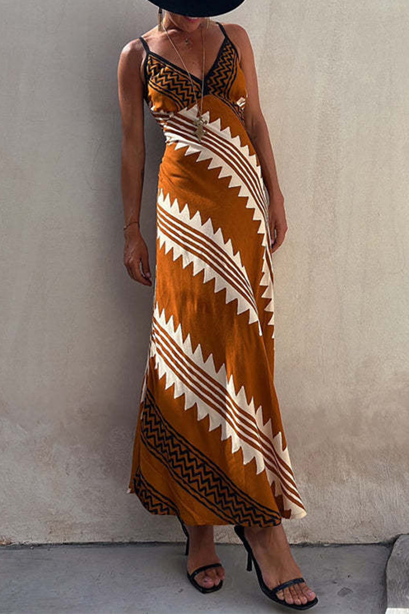 Caridad Premium Bohemian Holiday Dresses with Striped Patchwork and V Neck Boutique Collection