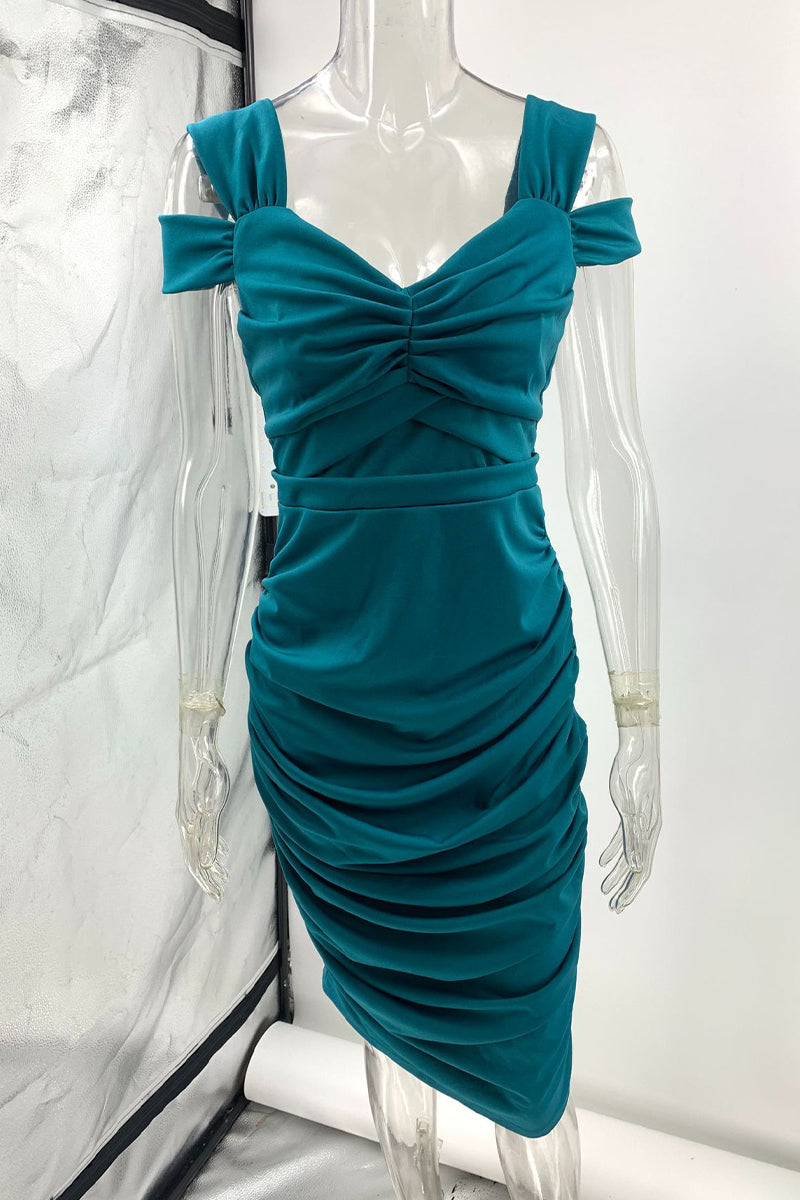 Liliana Elevated V Neck Solid Color Pleated Dresses with One Tier Skirt (3 Colors) Evening Wear Edit