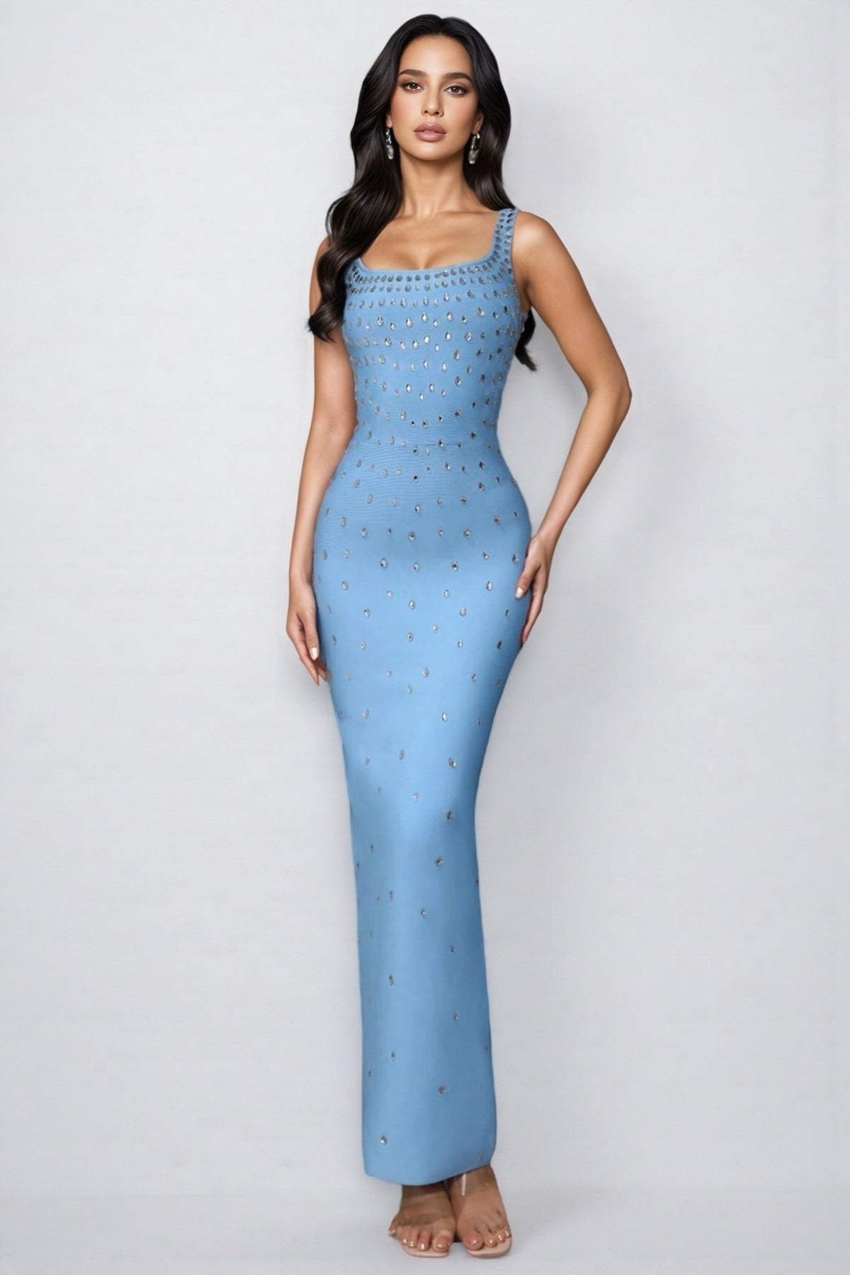 Square Neck Sleeveless Rhinestone Studded Bodycon Maxi Dress