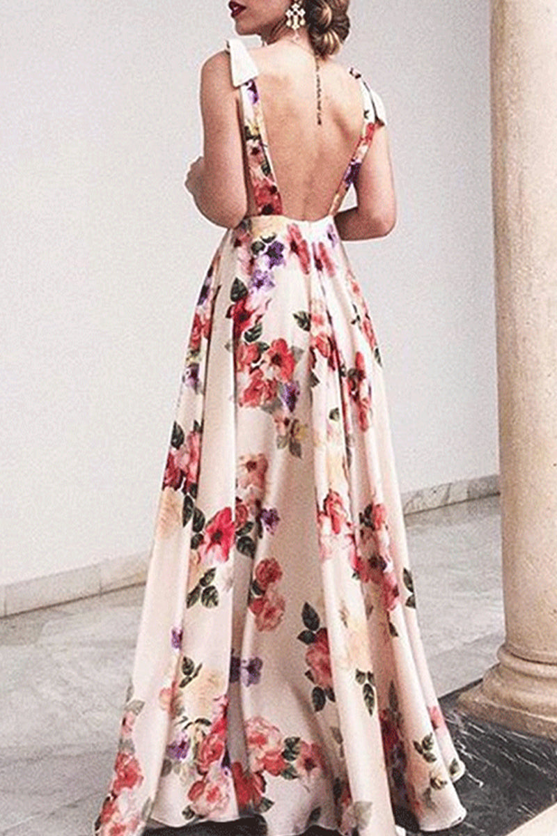 Sexy Floral Print Backless V Neck Sling Dresses