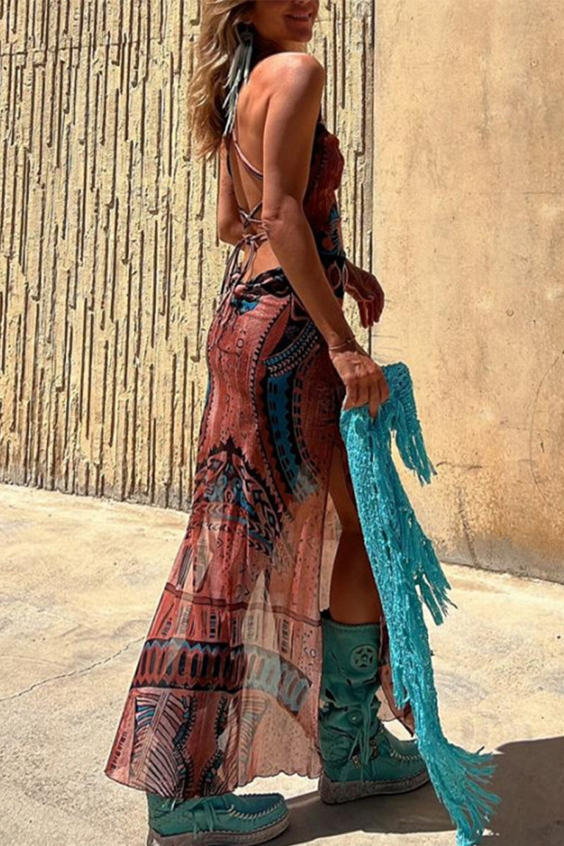 Valeria Chic Sling Dresses Geometric Print Backless Slit Strap Design (3 Colors) Designer Dress Edit