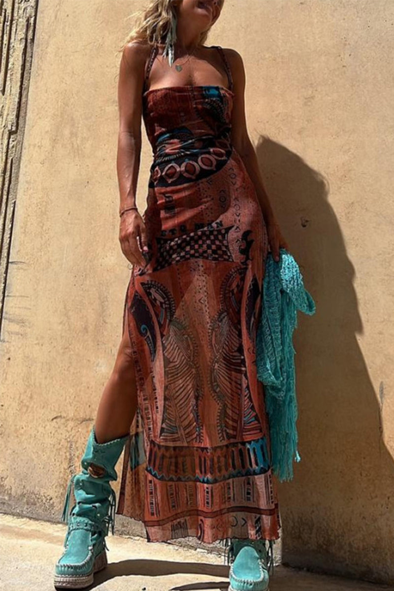 Valeria Chic Sling Dresses Geometric Print Backless Slit Strap Design (3 Colors) Designer Dress Edit