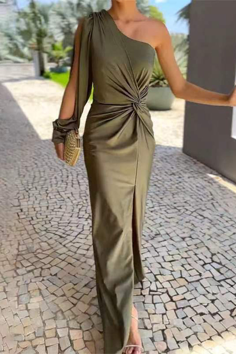 Tatiana Minimalist Solid Color Ruched Knotted Long Dresses with Slant Shoulder and Slit Statement Occasion Edit