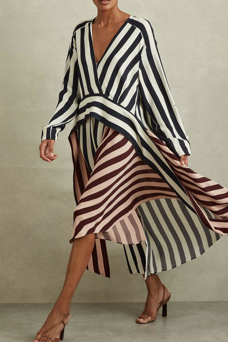 Sabrina Luxe Long Dresses with Deep V Neck and Striped Patchwork of Celebrities Everyday Edit