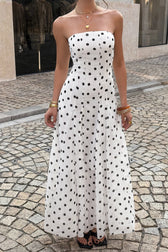 High Waist Polka Dot Strapless Slit Maxi Dress