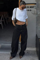 High-Waist Vintage Washed Wide-Leg Denim Jeans
