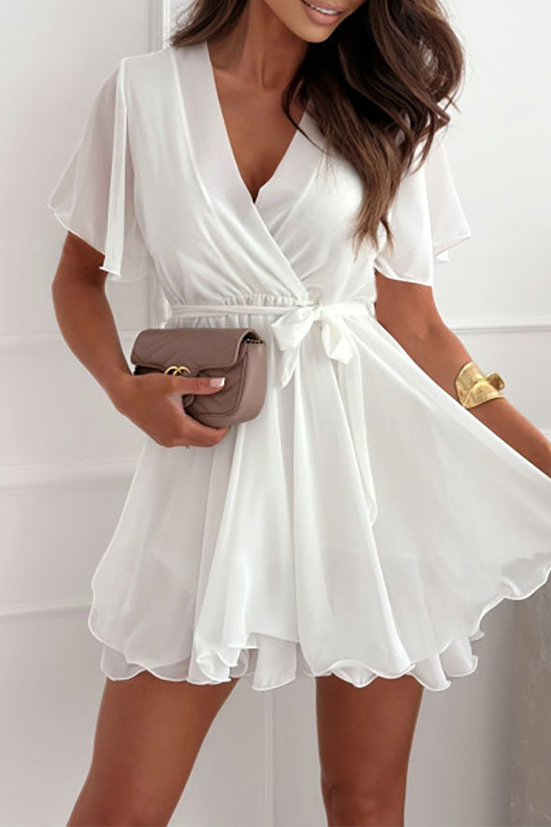 Hilda Boutique Dress with Ruffles and Lacing, V Neck Chic Silhouette Collection
