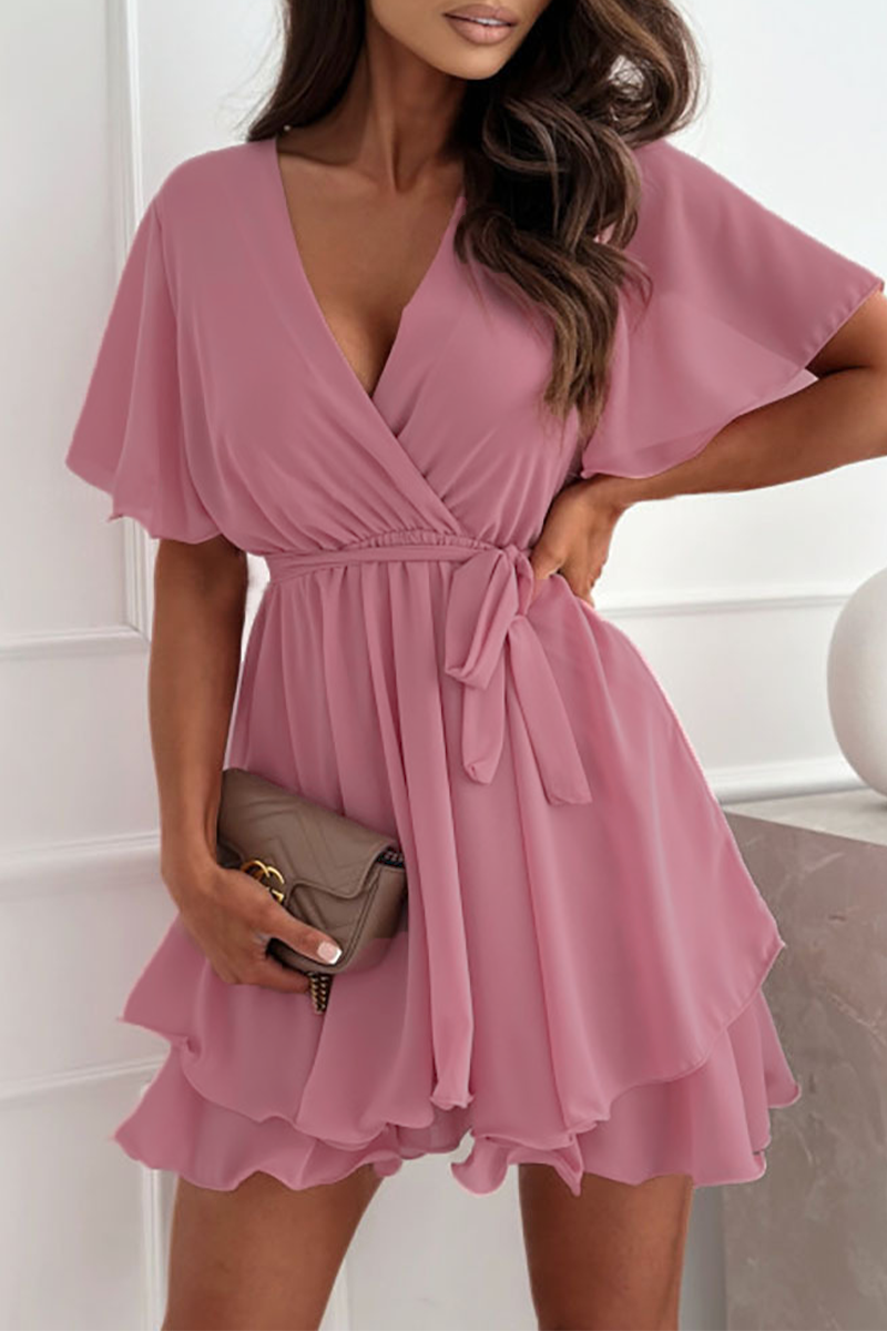 Hilda Boutique Dress with Ruffles and Lacing, V Neck Chic Silhouette Collection