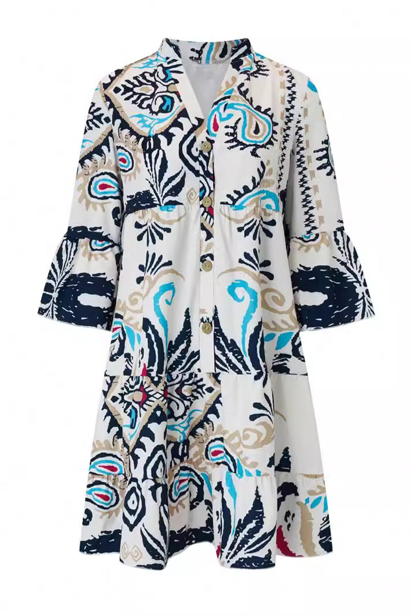 Yasmin Chic Casual Daily National Totem Print Patchwork Ruffles V Neck a Line Dresses Elevated Occasion Wear