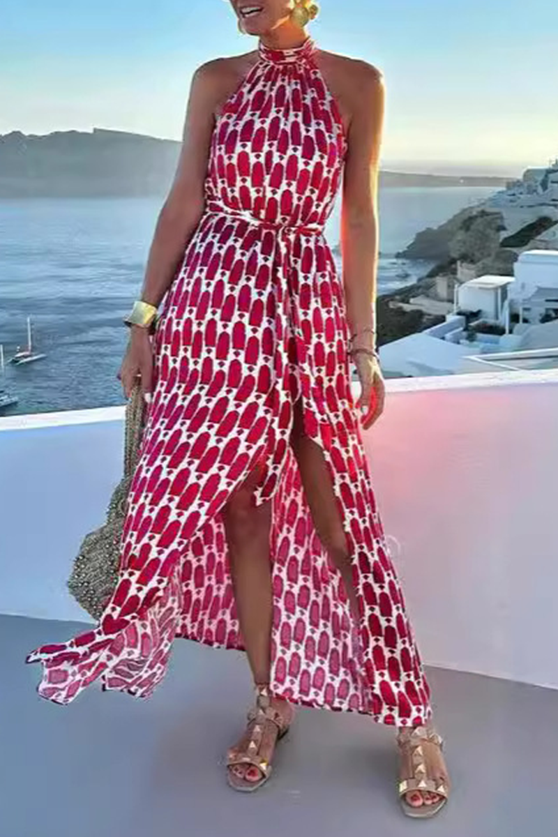 Pink Aesthetic Geometric Print Sleeveless Dresses with Slit and Halter Neck Premium Wardrobe Essential